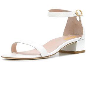 XYD White Low Block Heel Ankle Strap Sandal